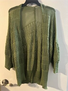 Olive Green Open-Knit Cardigan Sweater